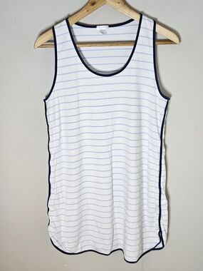 LAKE Pima Cotton Tank Nightgown Blue Boat Stripe Piping Trim M Medium